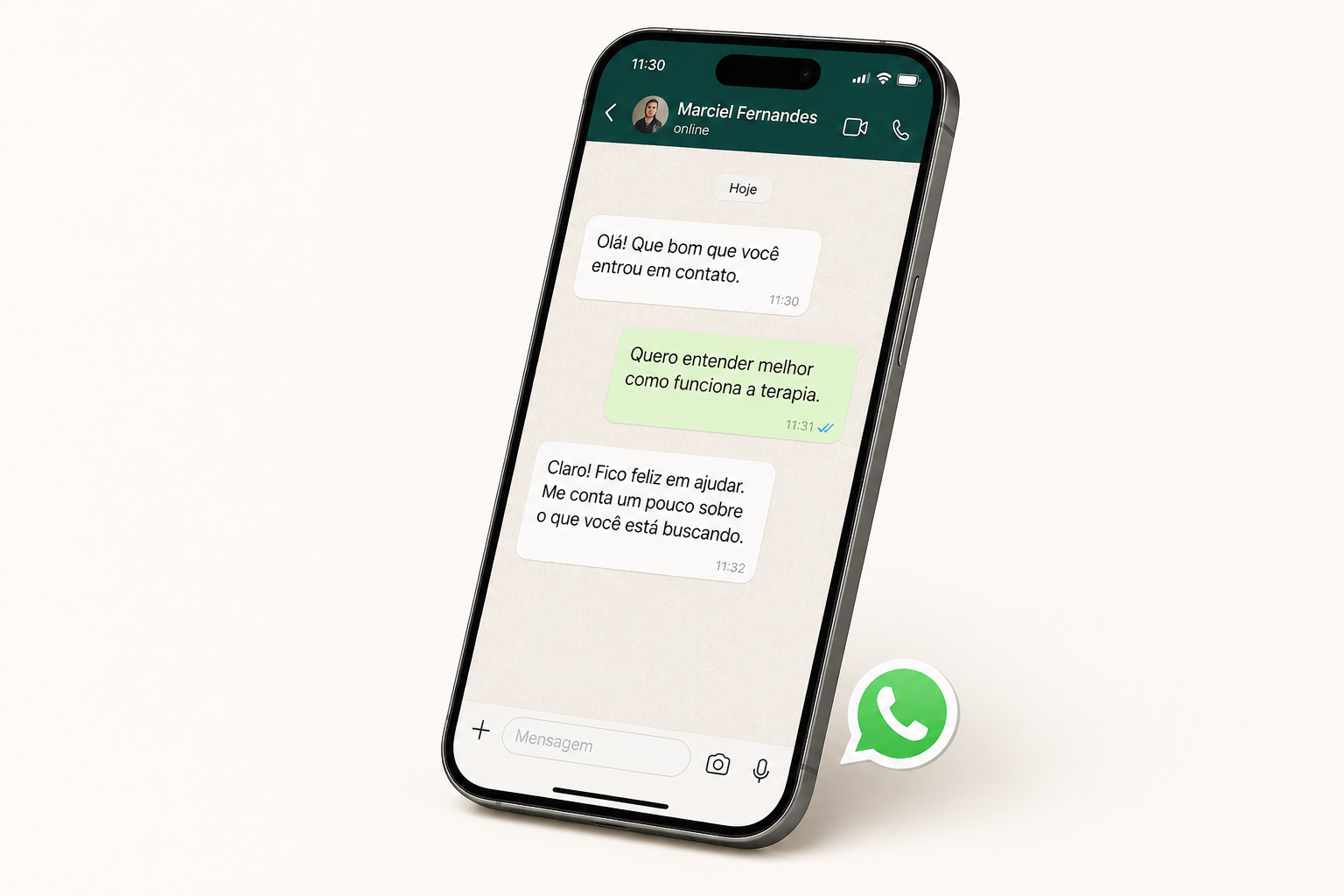 Conversa de WhatsApp com Marciel Fernandes em um celular